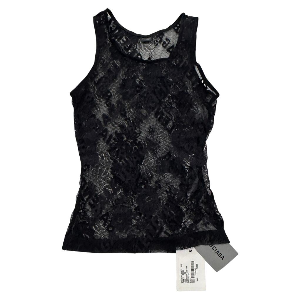 17-8 BALENCIAGA Underwear Sheer Stretch Lace Logo Tank Top Lingerie Black XS